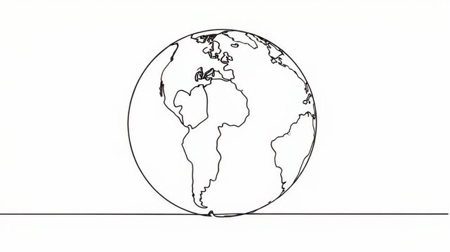 Minimalist continuous line art of planet earth globe showing world continents on white background