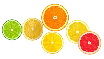 Fototapeta premium Citrus slices lime, lemon, orange, grapefruit, arranged against white; vibrant color, fresh and clean appearance