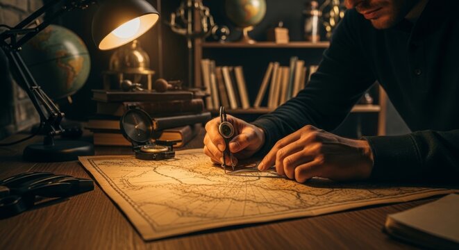 Navigator charting course on old map with compass