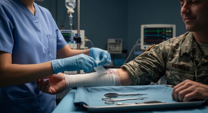 Nurse Bandaging Wounded Soldier's Arm
