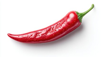 Vibrant red chili pepper with water droplets, isolated on a clean white background