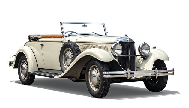 Cream vintage convertible car, side view. Isolated against white, shadow underneath, tan interior, spare tire on fender