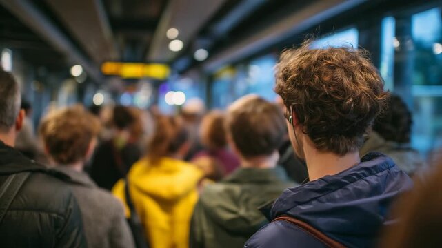 6Crowd of diverse commuters inside a modern transit station, seen from behind and partial side views, coats, bags, and headphones, architectural lines leading into the distance, moo