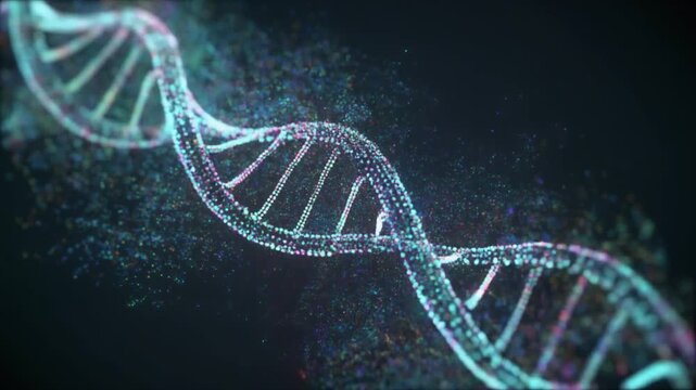 Digital DNA Double Helix Disintegrating and Reforming with Particles on Dark Background