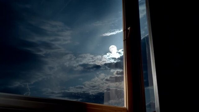 A captivating view from a window revealing a luminous full moon partially obscured by dramatic clouds across a dark night sky, evoking a sense of calm mystery and nighttime serenity