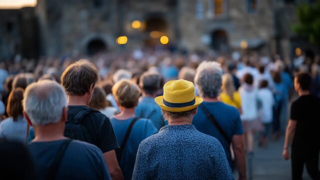 4A diverse crowd of people standing together in an urban public square, seen from behind and side angles, mixed ages and body types wearing casual modern clothing, warm sunset light
