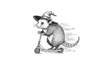 Rat Witch in a Pointy Hat Riding a Kick Scooter for Halloween Fun Spooky Illustration