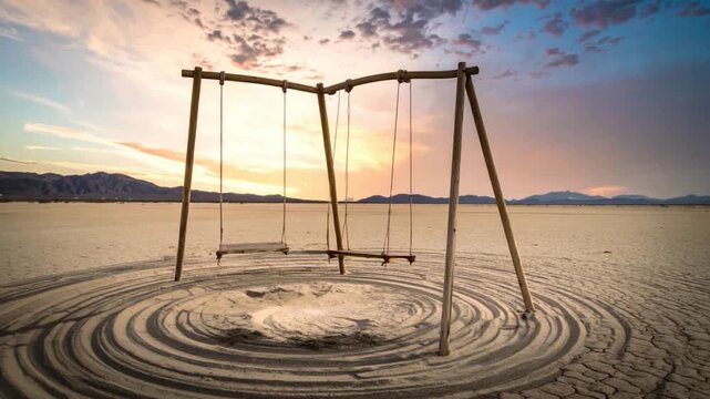 A swing set in a desert landscape against a dramatic sunset