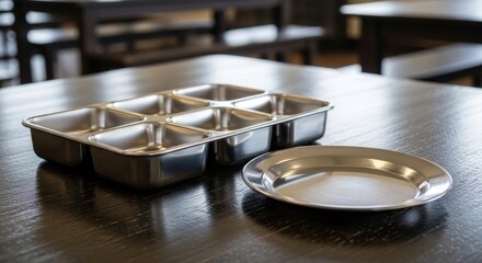 Fototapeta premium Polished Metal Mess Kit and Plate on Wooden Table