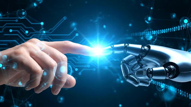 Human hand touching robotic finger technology.