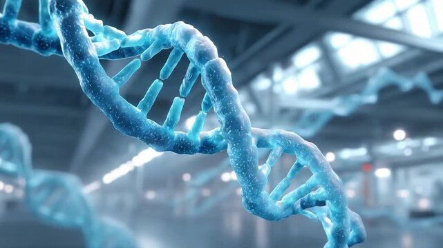 Blue DNA Helix in Laboratory Environment with Soft Focus Background