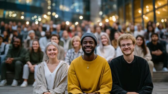 25Diverse community of people gathered on steps of a public building, seated and standing casually, different clothing styles and ages, warm evening light, relaxed inclusive mood, fo