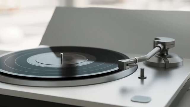 Slow motion pan of turntable spinning vinyl record with tonearm playing on tabletop in bright interior room morning