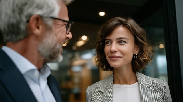 42Two business colleagues sharing a light conversation by a conference room door, open gestures and relaxed posture, modern interior with neutral tones, strong natural lighting, auth