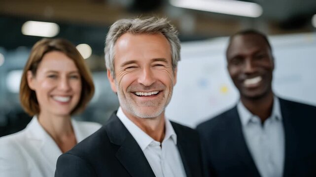 47Business team chatting informally before a meeting, standing near a whiteboard with faint notes, bright daylight filling the room, subtle laughter visible through body language, pr