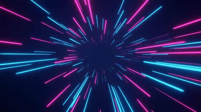 Vibrant streaks of electric blue and hot pink radiate dynamically across a dark background.