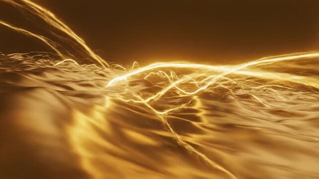 Abstract golden light trails flow dynamically over a reflective wavy surface