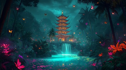 Fototapeta premium An abstract Christmas tree composed of glowing lights and festive decorations shines against a blue night sky, blending art and nature into a bright holiday wallpaper design