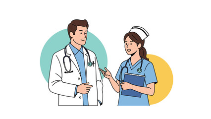 Fototapeta premium Male doctor and female nurse in medical uniforms standing and having a professional discussion about patient care.