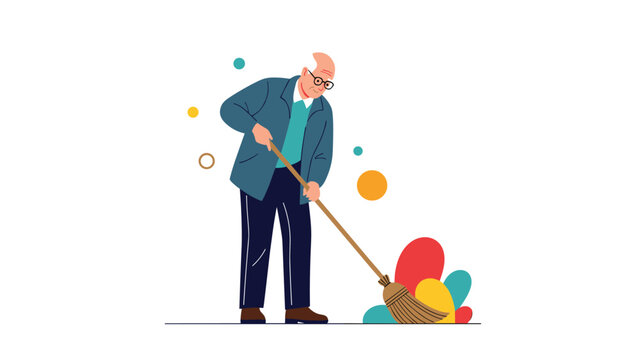 Active senior man bending over and using a broom to sweep colorful shapes on the floor in a minimalist style.