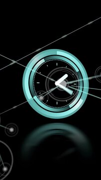 Cyan semicircular arc revealing from left, clock dial pulsing, connecting beams forming for tech UI