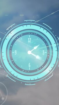 Bright pulse initiating cyan clock HUD forming rings, rotating, collapsing into wedge as tech demo