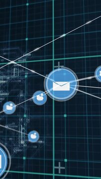 Central blue envelope node pulsing, spawning nodes and forming tech links connecting users on grid