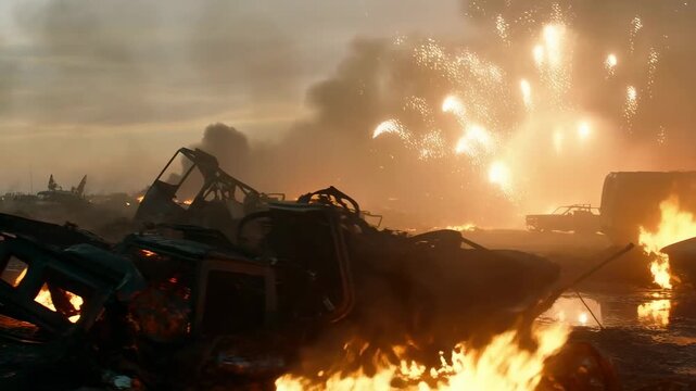 Panning shot of burning car wreckage exploding across post apocalyptic wasteland with fires and smoke at dusk