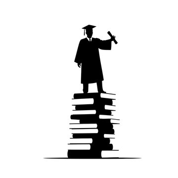 Graduate standing on stack books.