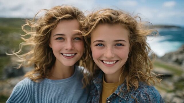 66Blond young women enjoying a playful moment near the ocean cliffs, wind in their hair, casual summer clothing, wide open sky, bright natural light, laughter and movement captured n