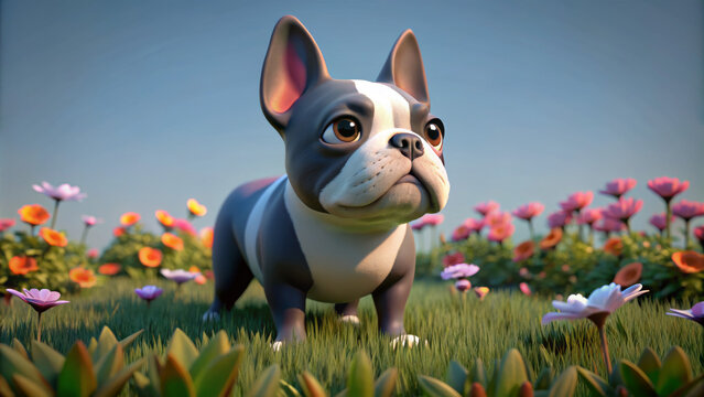 A stylized 3D illustration of a cute French Bulldog standing in a vibrant flower field under a bright sky, with vivid colors and a cheerful, cartoon‑like atmosphere.