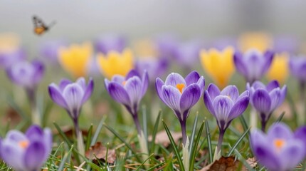 Fototapeta premium Colorful crocuses bloom in spring fields as a bee flies nearby in the warm sunlight