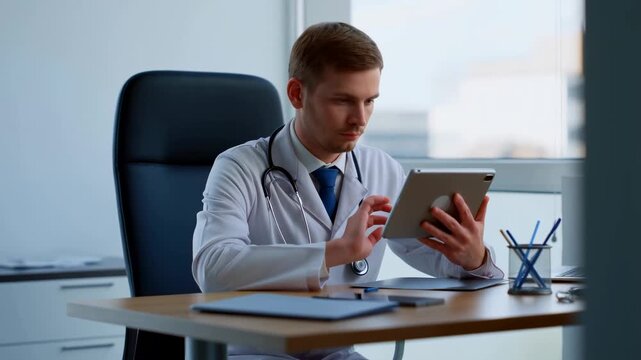 Static shot of male doctor tapping tablet at desk in modern medical office during daytime consultation and record review