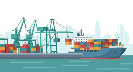 Fototapeta premium Container Ship Loading at Industrial Port with Cranes and City Skyline
