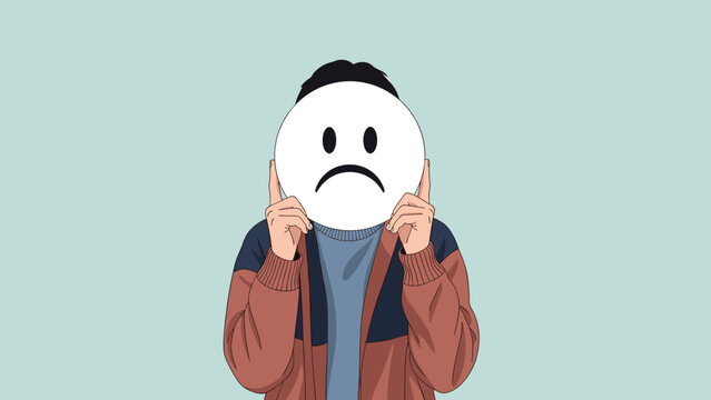 Man wearing brown jacket holding white circular mask with sad frowny face emoji in front of his own head to hide emotions.