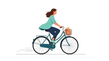 Fototapeta premium Young woman with long hair riding teal bicycle with basket full of bread or grocery goods through white background.