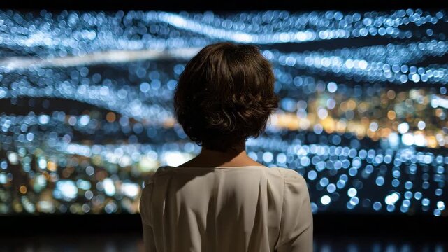 83Professional Black woman studying layered binary code and abstract data graphics on a wall screen, seen from behind, sleek modern office interior, depth created by light and shadow