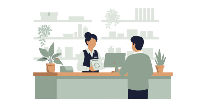 Customer interacting with a pharmacist at a pharmacy counter, receiving advice