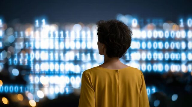 84Professional Black woman studying layered binary code and abstract data graphics on a wall screen, seen from behind, sleek modern office interior, depth created by light and shadow