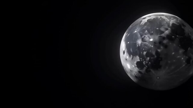 Slow motion tracking shot of moon like planet rotating and revealing illuminated craters in outer space dark void