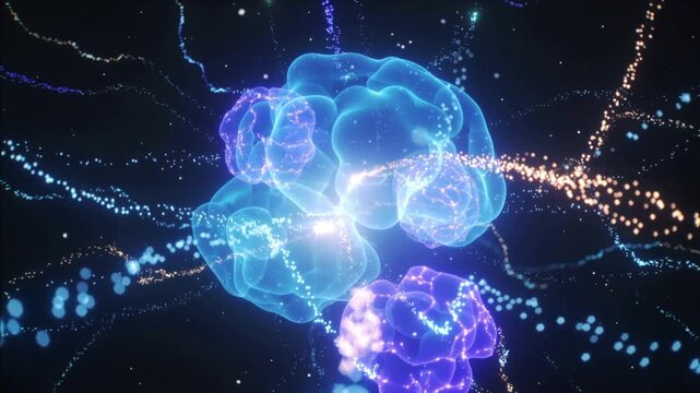 Abstract digital particle network with glowing blue and purple energy cells in futuristic cyber
