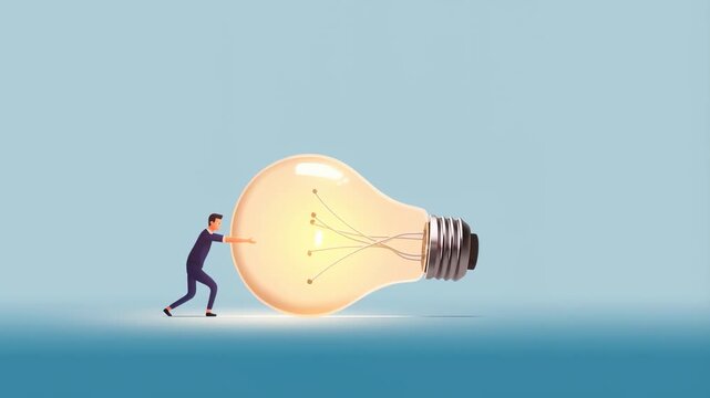 Tracking shot of man pushing oversized illuminated light bulb across minimal studio floor with blue backdrop