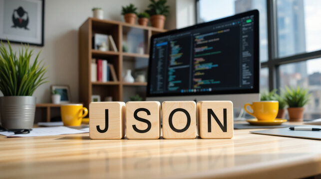 JSON JavaScript Object Notation data format for API response, backend integration and web app development, showing structured data exchange, parser workflow and schema use in software engineering