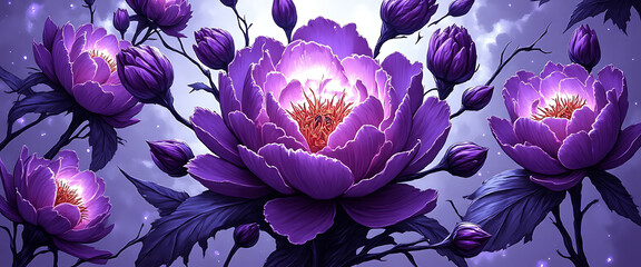 Crystal-inspired pink peonies with metallic accents. 3D embossed flowers elegant white mural. Violet and silver abstract peony blossoms. Emerald lotus with copper-gold petals. White magnolia on brown 