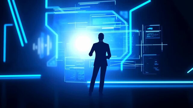 Tracking shot of silhouetted person interacting with holographic interface in futuristic control room with blue glowing lights