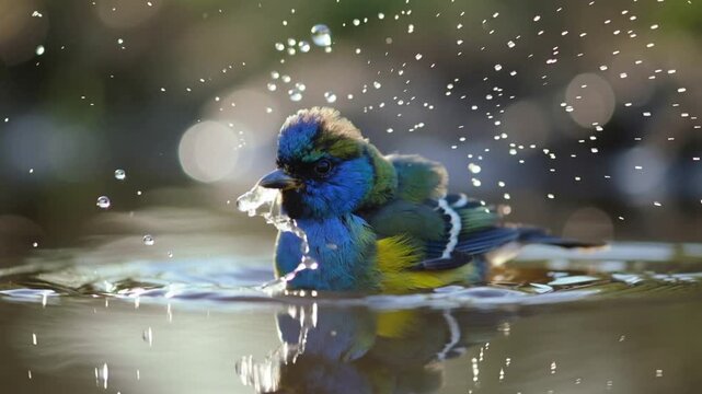 Colorful bird bathing in water droplets close up nature wildlife scene