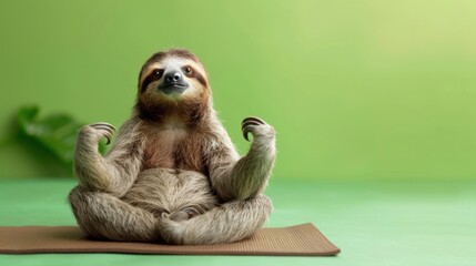 Fototapeta premium Sloth sitting in lotus yoga pose on mat with calm smile on green background with copy space