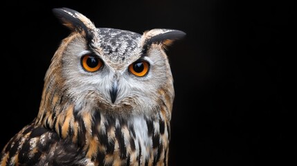 Obraz premium Owl with bright orange eyes looking forward on dark background with dramatic wildlife portrait mood