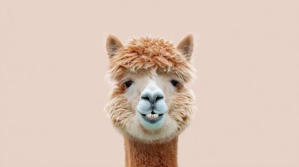 Fototapeta premium Smiling alpaca portrait with fluffy hair on soft beige background