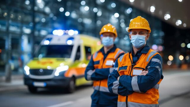 108Faceless confident healthcare professionals standing near emergency ambulance, hospital emergency entrance blurred behind, medical teamwork, reliability and readiness concept, bala